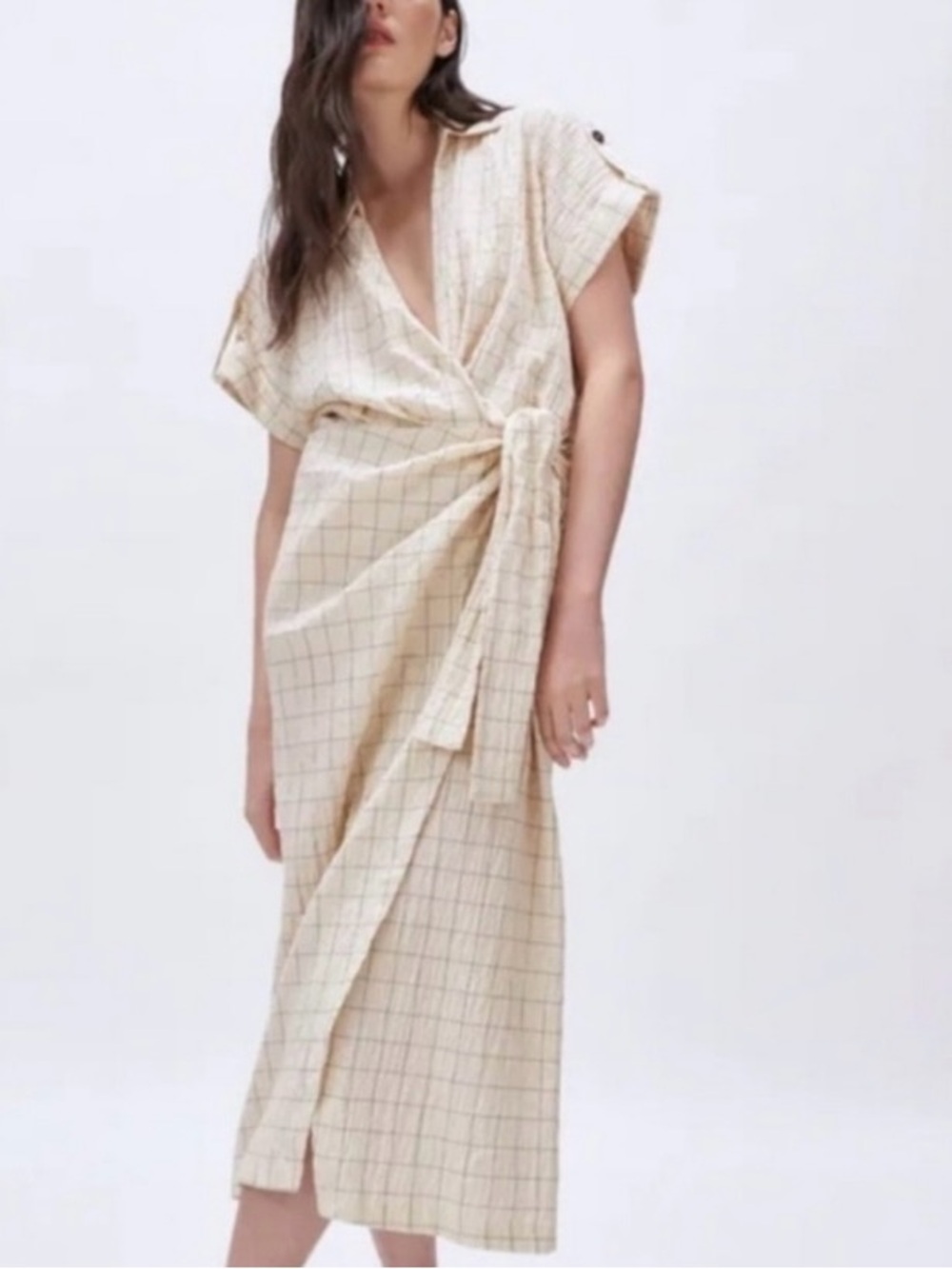 Zara cream checkered knotted midi wrap dress